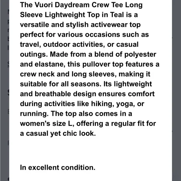 Vuori women’s daydream crew tee Teal Crewneck Sweater Large - Picture 5 of 5